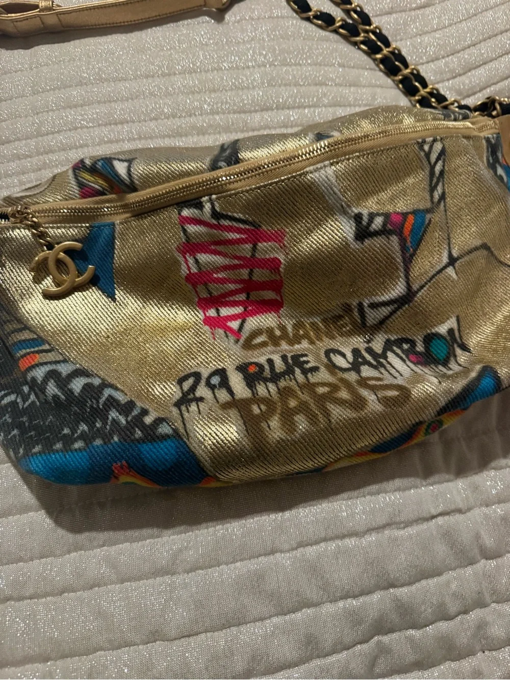 CHANEL Gold Egyptian Multicolor Graffiti-Print Chain Shoulder Bag